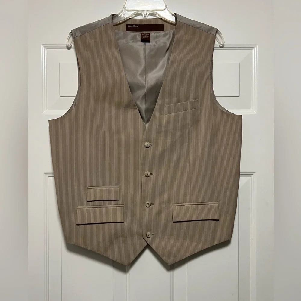 Perry Ellis Suit Vest Tan Pinstripe Size Large